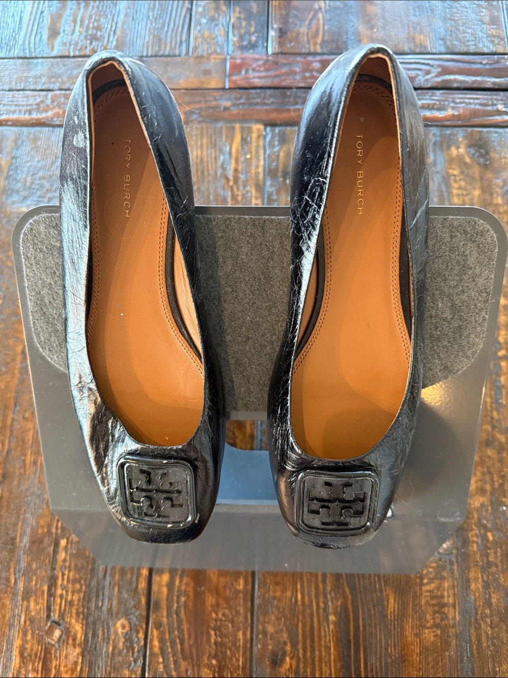 Tory Burch Black Patent Leather Square-Toe Logo Flats